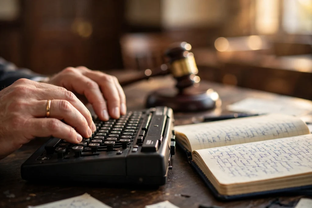 Stenographer's shorthand notebook and typing machine beside a gavel. Illustrative image.