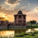 Purana Qila, Delhi. AI-generated image grounded in a real reference photo by Slyronit / Wikimedia Commons (CC BY-SA 4.0).