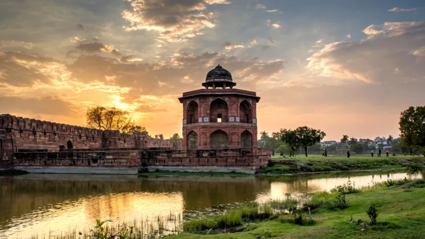Purana Qila, Delhi. AI-generated image grounded in a real reference photo by Slyronit / Wikimedia Commons (CC BY-SA 4.0).