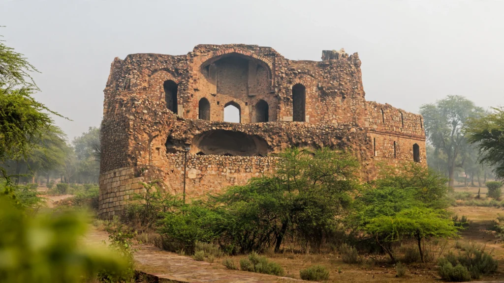 Purana Qila, Delhi. AI-generated image grounded in a real reference photo by A. Savin / Wikimedia Commons.