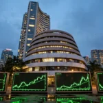 Sensex soars 1,500 points and Nifty crosses 23,000: BSE Mumbai building at dusk with rising stock charts