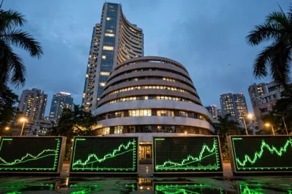 Sensex soars 1,500 points and Nifty crosses 23,000: BSE Mumbai building at dusk with rising stock charts