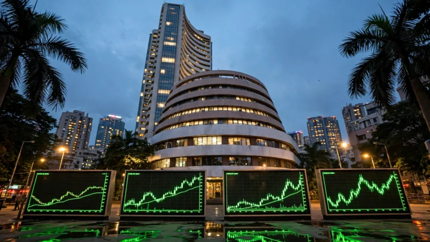 Sensex soars 1,500 points and Nifty crosses 23,000: BSE Mumbai building at dusk with rising stock charts