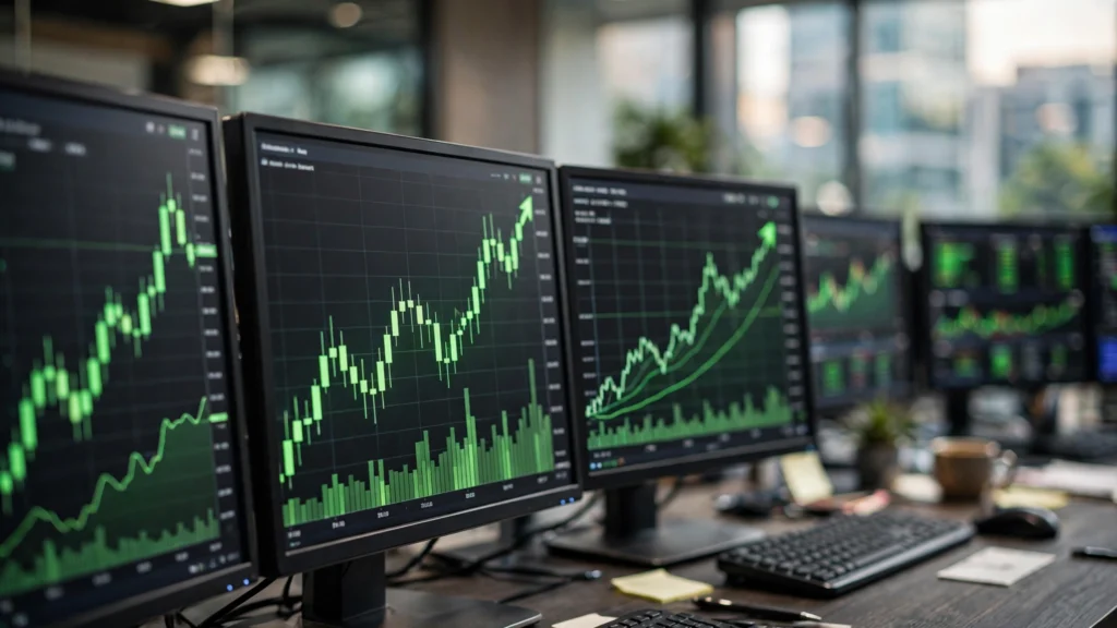 Stock market rally: trading screens showing rising charts
