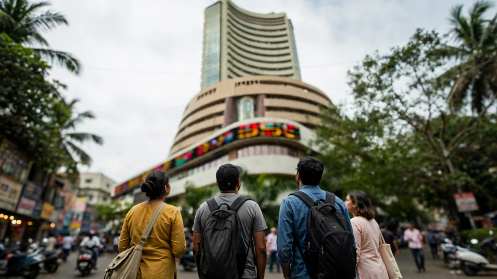 People looking up at the market display on the Bombay Stock Exchange building in Mumbai.