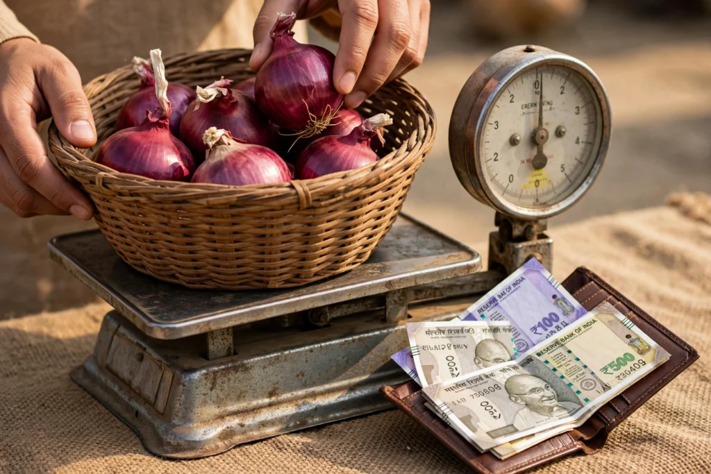 Hands weighing onions with Indian rupee notes