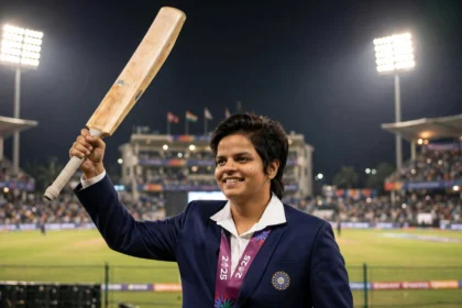 Shafali Verma raises her bat after a record 25-ball 55 for India (Photo: PMO India / Wikimedia Commons, background composite)