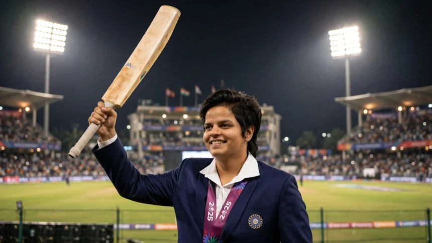 Shafali Verma raises her bat after a record 25-ball 55 for India (Photo: PMO India / Wikimedia Commons, background composite)