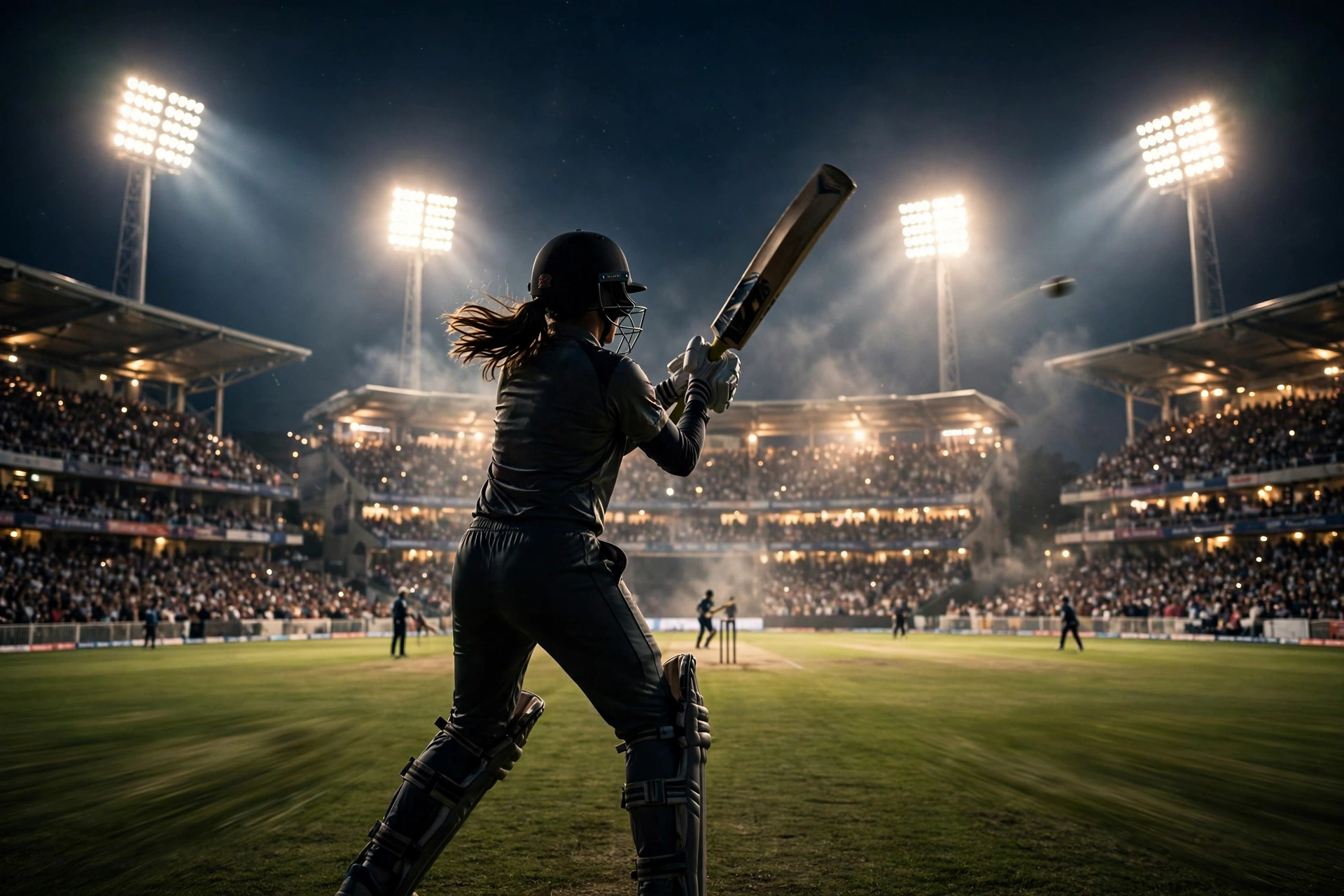 Night-time T20 action under floodlights (AI-generated thematic visual)