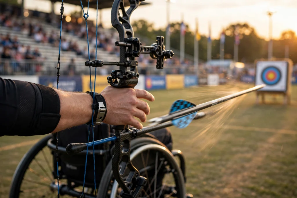 Para archer releasing an arrow toward the target at a competition (thematic image)