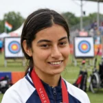 Sheetal Devi after winning double gold at the Asian Para Games 2026 (Photo: Prime Minister's Office / Wikimedia Commons, GODL-India; composite background)