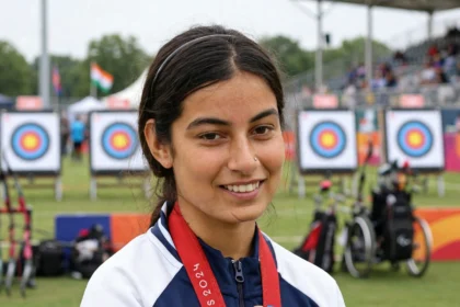 Sheetal Devi after winning double gold at the Asian Para Games 2026 (Photo: Prime Minister's Office / Wikimedia Commons, GODL-India; composite background)