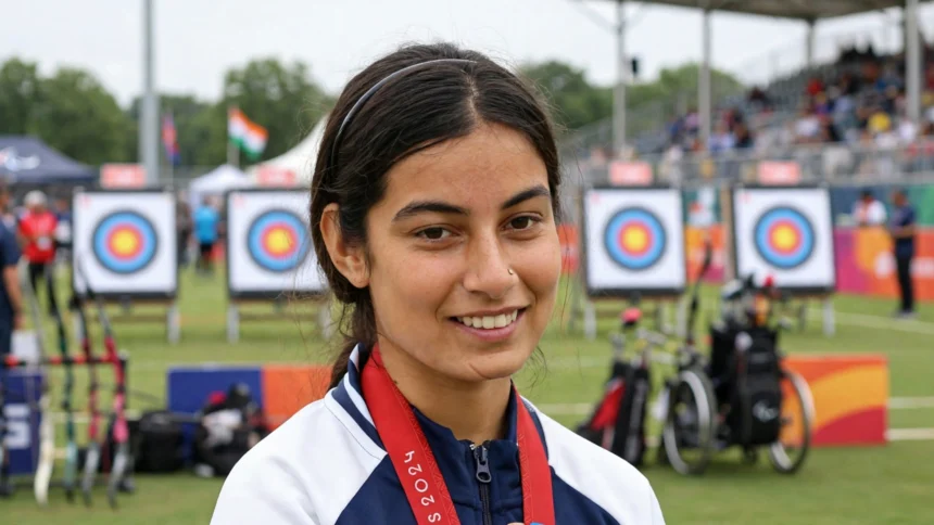 Sheetal Devi after winning double gold at the Asian Para Games 2026 (Photo: Prime Minister's Office / Wikimedia Commons, GODL-India; composite background)