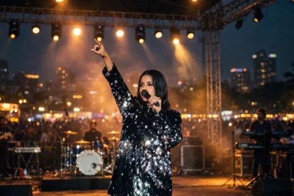 Shilpa Rao performing live on stage at a night music festival in Mumbai