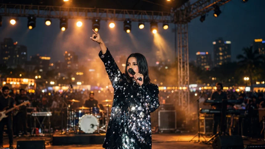 Shilpa Rao performing live on stage at a night music festival in Mumbai
