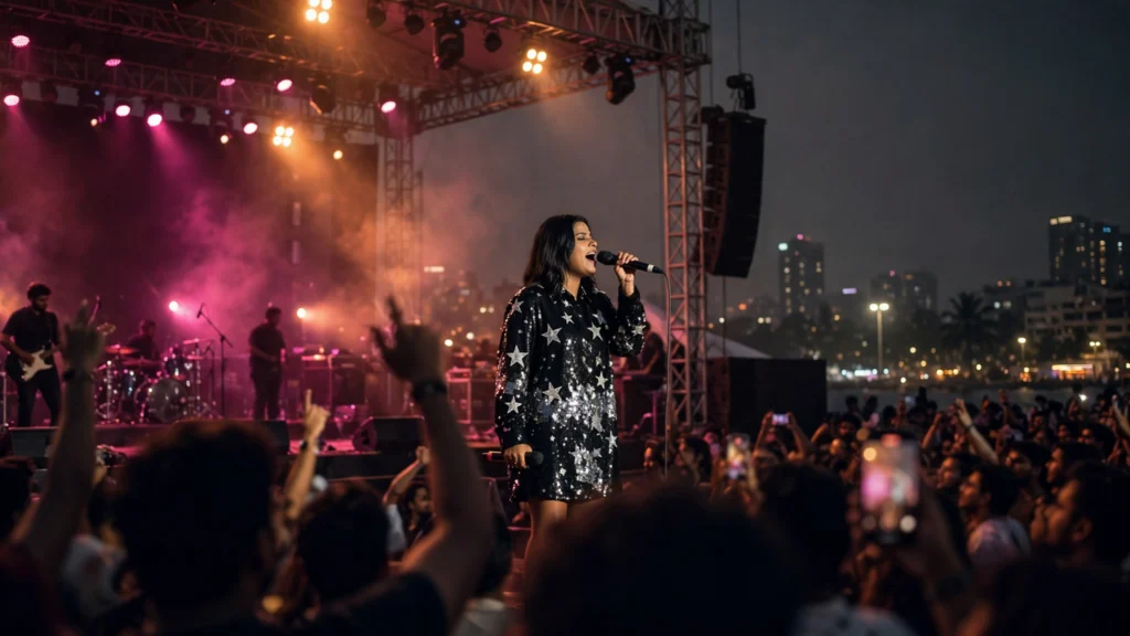 Shilpa Rao singing on stage before a cheering festival crowd in Mumbai