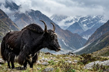 Yak in the Sikkim Himalaya. AI-generated image grounded in a real Wikimedia Commons photo by Jayanta25, CC BY-SA 4.0.