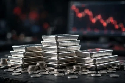 Silver bullion bars and coins as prices crash 46 percent from record high
