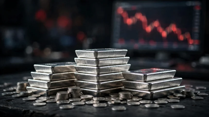 Silver bullion bars and coins as prices crash 46 percent from record high