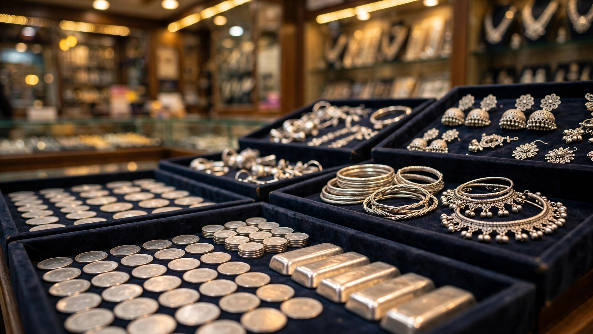 Silver coins and ornaments at an Indian bullion shop