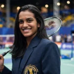 PV Sindhu in a badminton arena (composite image based on a Wikimedia Commons photo)