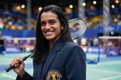 PV Sindhu in a badminton arena (composite image based on a Wikimedia Commons photo)