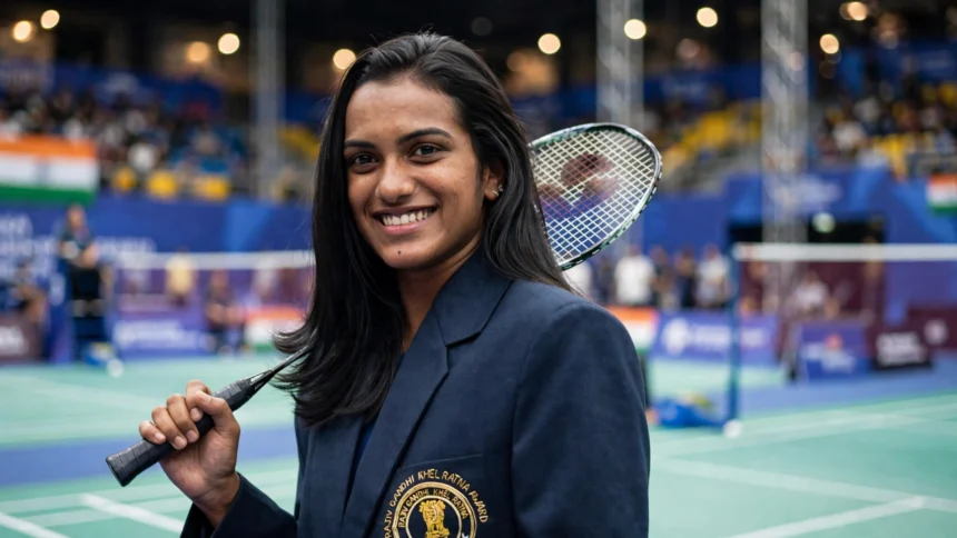 PV Sindhu in a badminton arena (composite image based on a Wikimedia Commons photo)