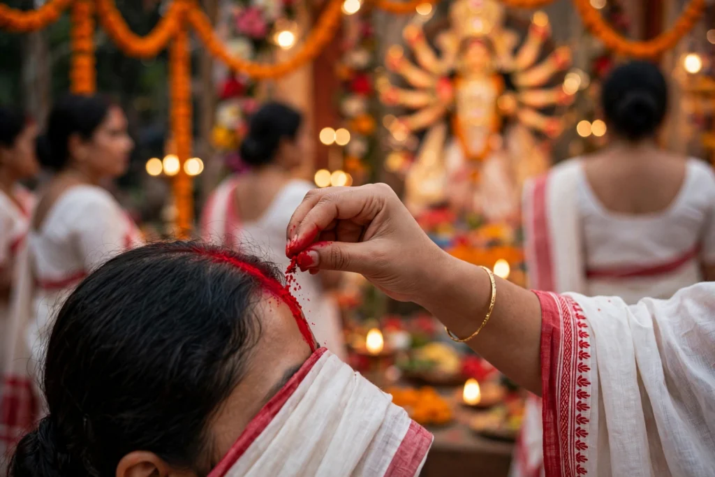 Close-up of sindoor being applied during Sindur Khela at a Durga Puja pandal. (Illustrative image)