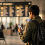 Indian traveller planning 2027 holiday at airport departure board