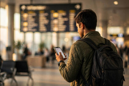 Indian traveller planning 2027 holiday at airport departure board