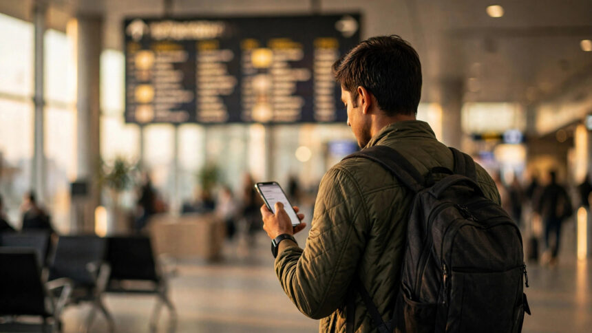 Indian traveller planning 2027 holiday at airport departure board