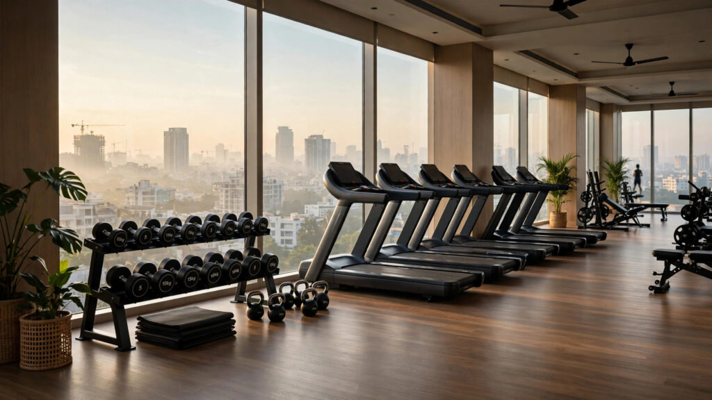 Modern hotel gym with morning city views
