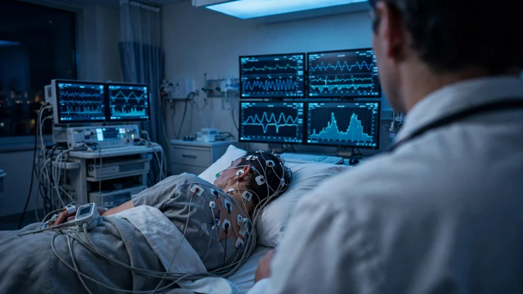 Sleep study patient with polysomnography sensors