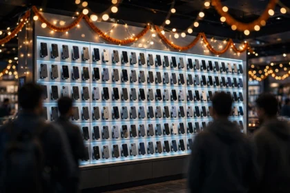 Smartphone display wall in an Indian electronics store during the festive season