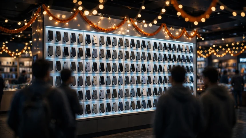 Smartphone display wall in an Indian electronics store during the festive season