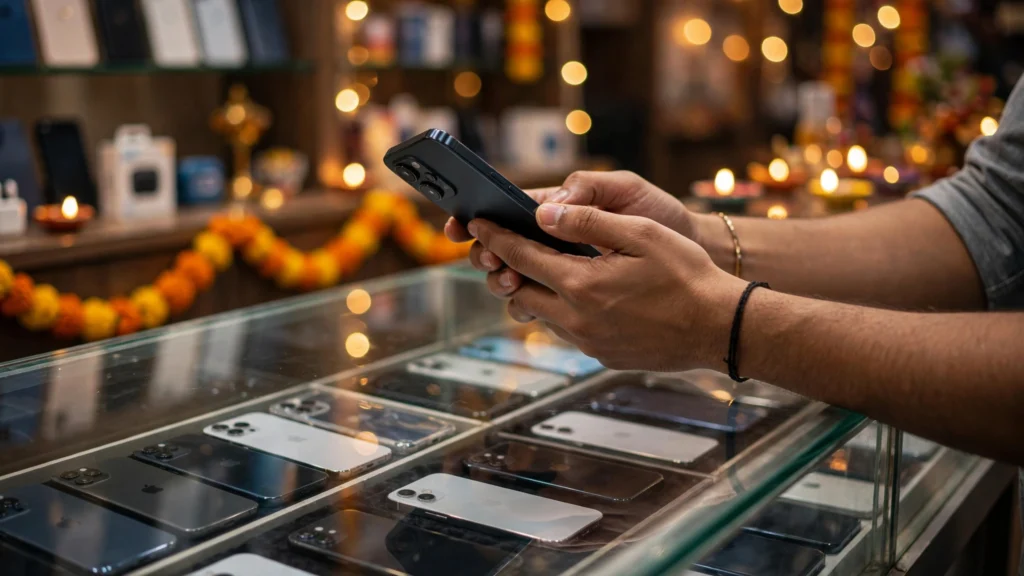 A buyer examining a smartphone at a festive-season sale