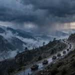 Indian Army military convoy in mountain terrain at dusk (AI-generated illustrative image)