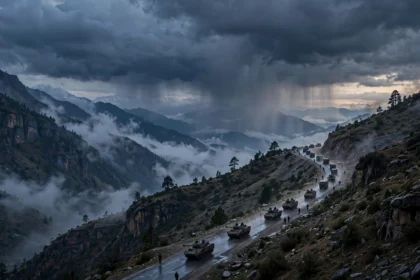 Indian Army military convoy in mountain terrain at dusk (AI-generated illustrative image)
