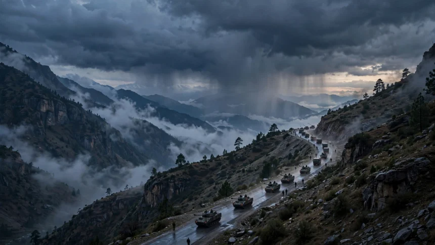 Indian Army military convoy in mountain terrain at dusk (AI-generated illustrative image)