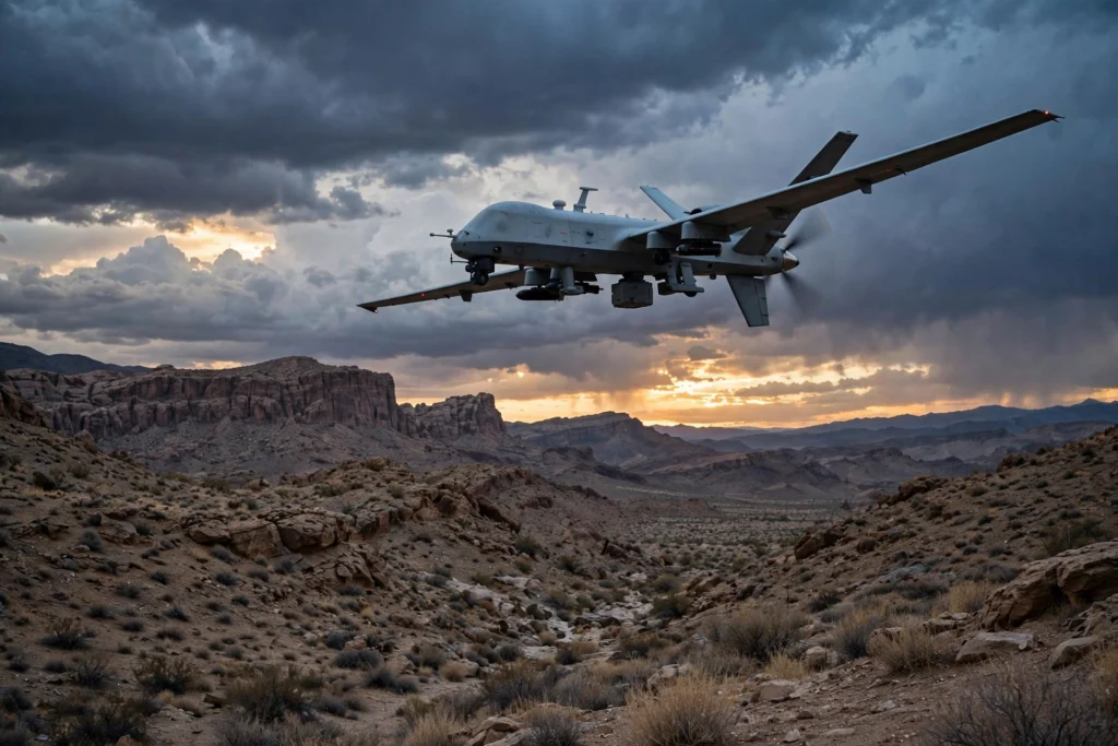 Military surveillance drone flying over rugged terrain (AI-generated illustrative image)