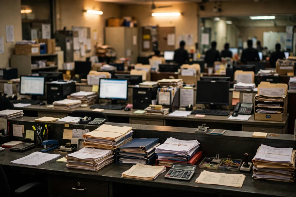 Bank branch operations desk with documents and computers