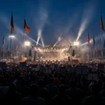 A large election campaign rally at dusk with flags and stage lights