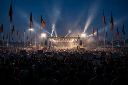 A large election campaign rally at dusk with flags and stage lights