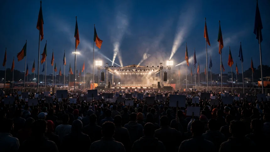 A large election campaign rally at dusk with flags and stage lights