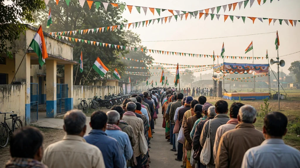 A long queue of voters outside a polling station in Uttar Pradesh on election day