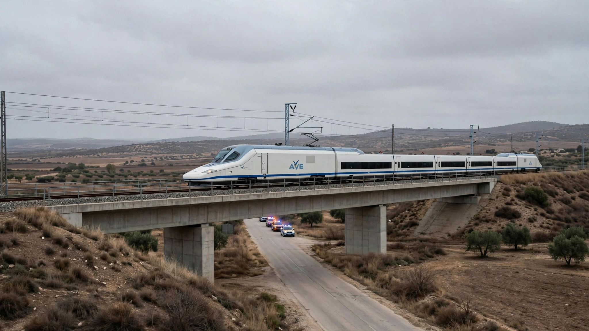 An AVE high-speed train on a viaduct in dry countryside in Spain, with emergency vehicles on the road below