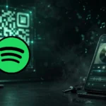 Spotify logo over a QR code and music streaming background (logo: Wikimedia Commons, public domain)