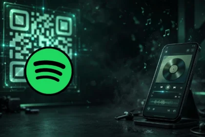 Spotify logo over a QR code and music streaming background (logo: Wikimedia Commons, public domain)