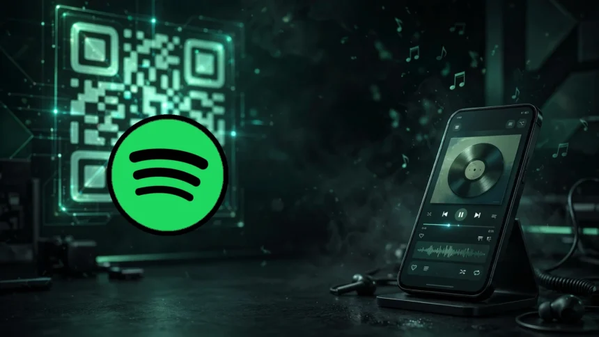 Spotify logo over a QR code and music streaming background (logo: Wikimedia Commons, public domain)