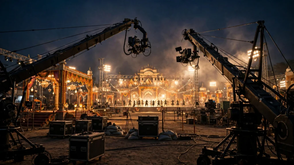 Shah Rukh Khan and Deepika Padukone on a film set. Photo: Bollywood Hungama via Wikimedia Commons (background composite)